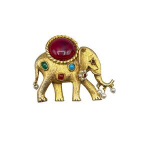 Jeweled Elephant Brooch Unsigned KJL Gold Tone Colorful Cabochon Dangling Pearls